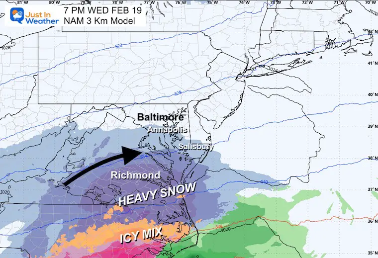 February 18 weather snow forecast Wednesday night NAM