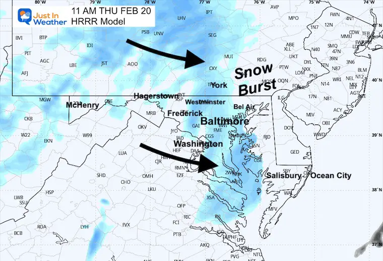 February 19 snow radar forecast Thursday 11 AM