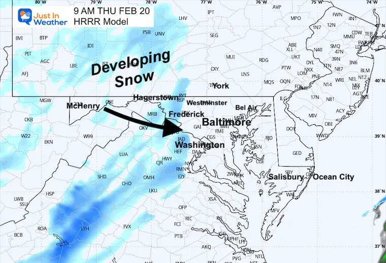 February 19 snow radar forecast Thursday 9 AM