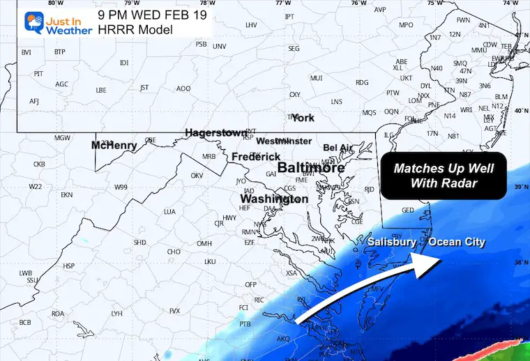 February 19 snow radar Wednesday night 9 PM