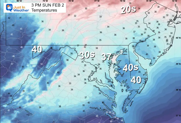 February 2 weather forecast temperatures Sunday afternoon