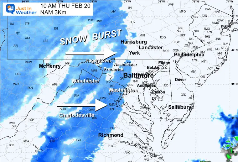 February 20 weather forecast snow radar Thursday 10 AM