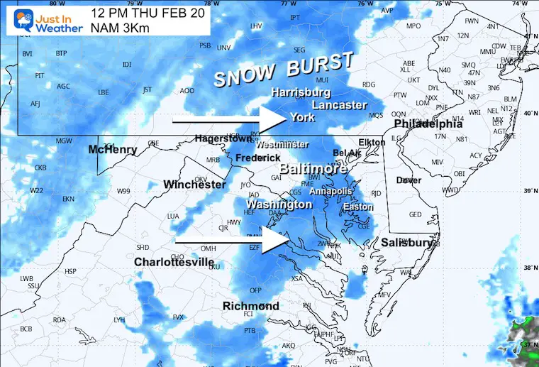 February 20 weather forecast snow radar Thursday noon