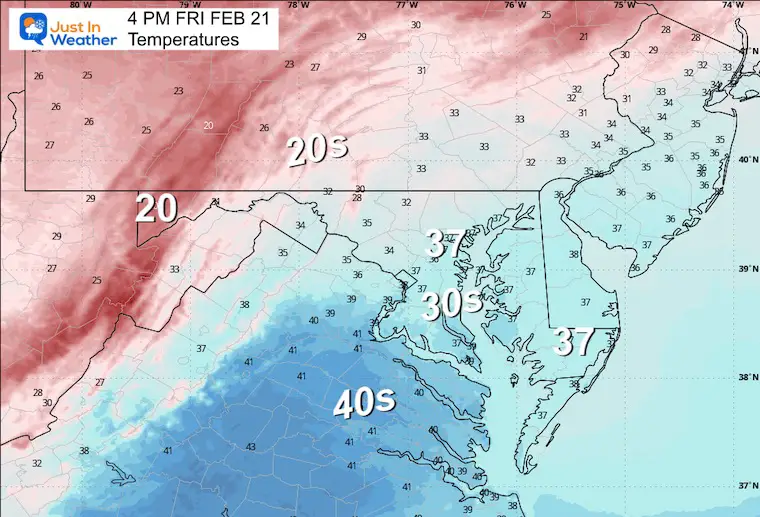 February 20 weather temperatures Friday afternoon