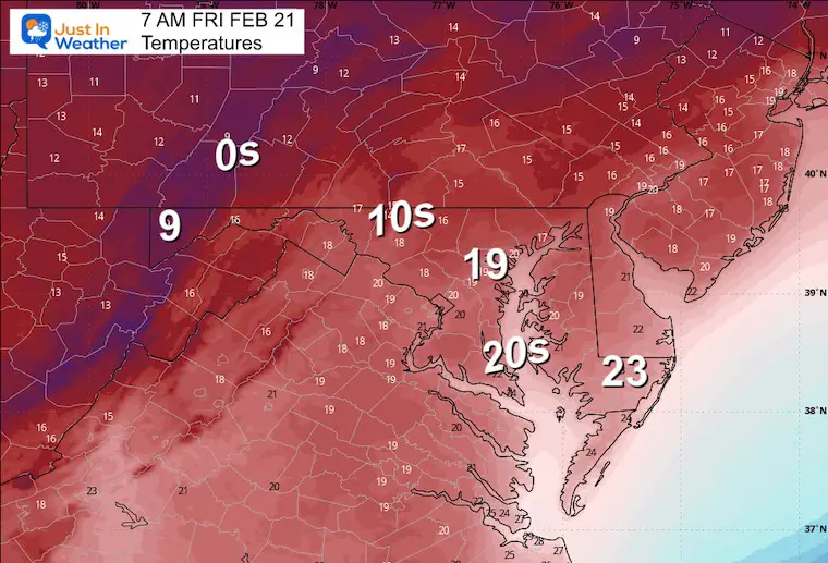 February 20 weather temperatures Friday morning