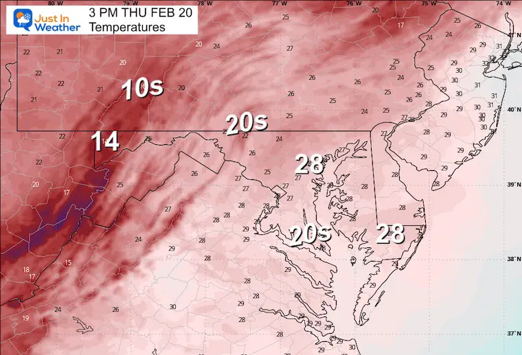 February 20 weather temperatures Thursday afternoon