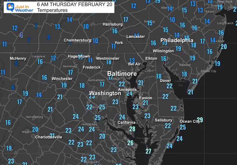 February 20 weather temperatures Thursday morning