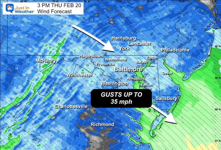 February 20 wind forecast Thursday afternoon