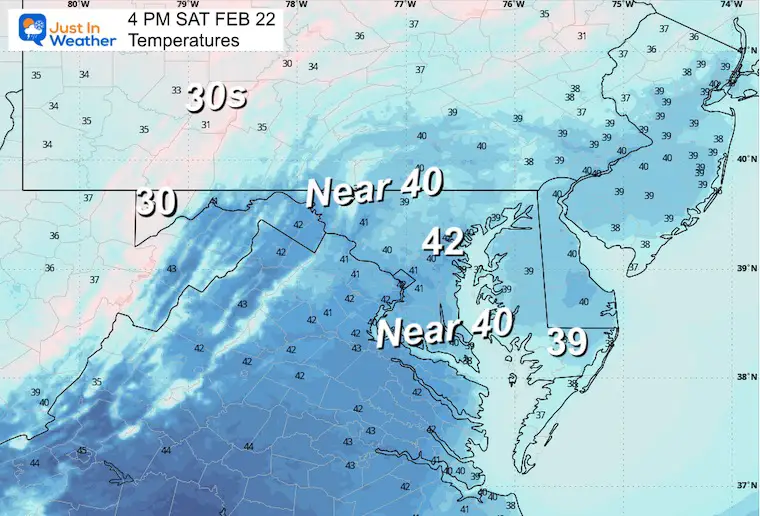 February 22 weather temperatures Saturday afternoon