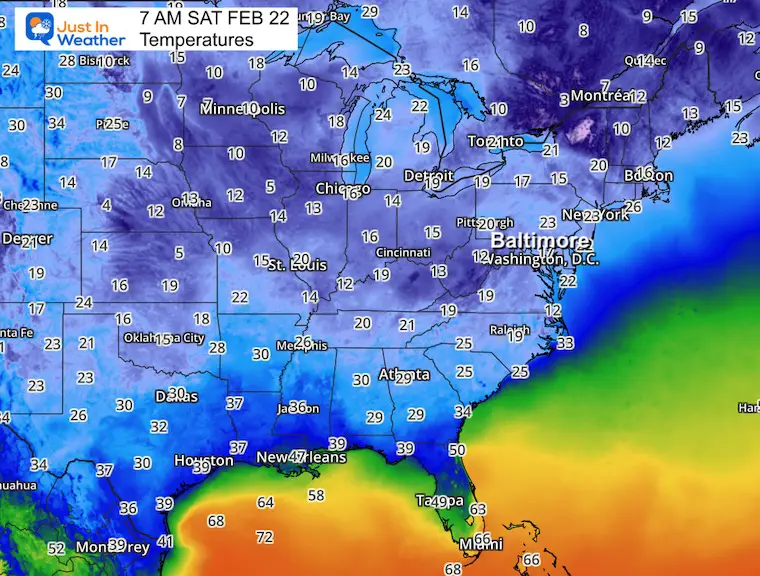 February 22 weather temperatures Saturday morning