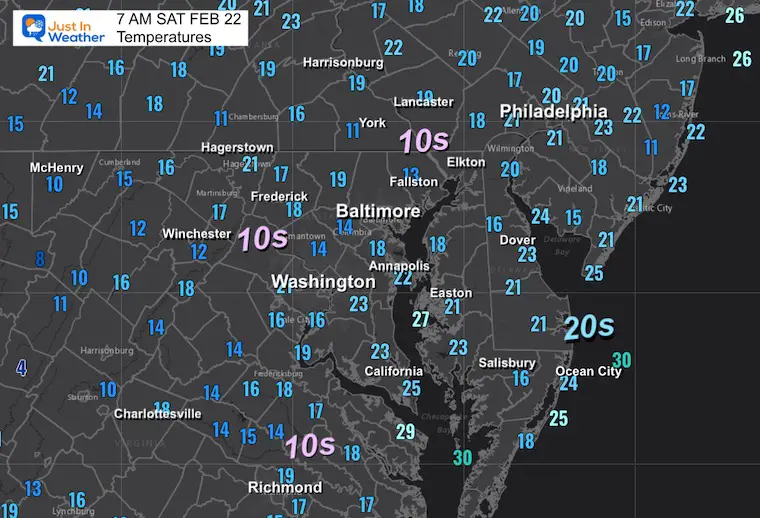 February 22 weather temperatures Saturday morning