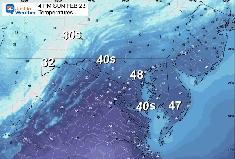 February 22 weather temperatures Sunday afternoon