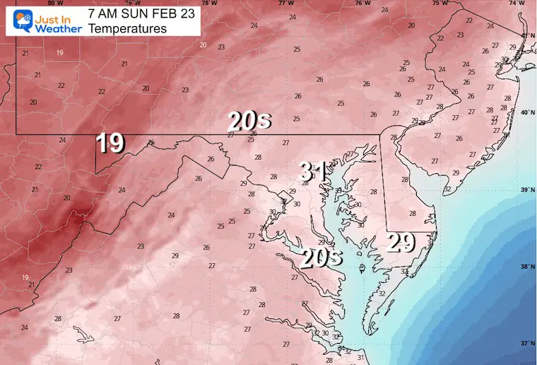 February 22 weather temperatures Sunday morning