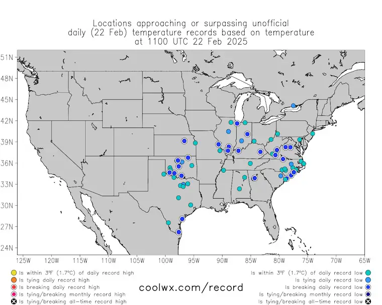 February 22 weather record low temperatures Saturday