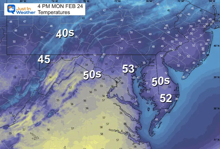 February 23 weather forecast temperatures Monday afternoon