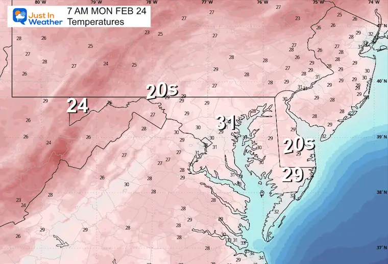 February 23 weather forecast temperatures Monday morning