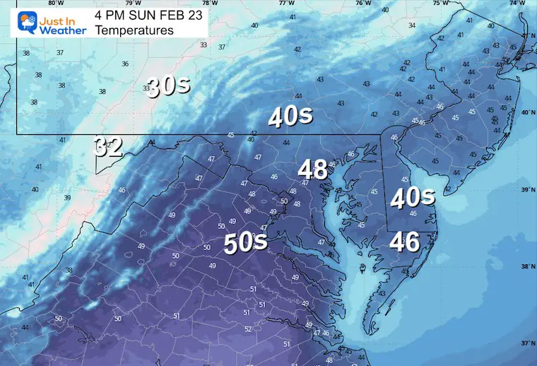 February 23 weather forecast temperatures Sunday afternoon