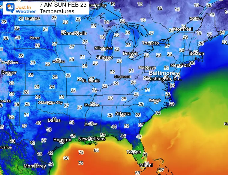 February 23 weather temperatures Sunday morning