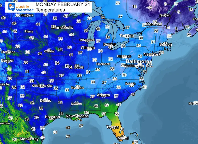 February 23 weather temperatures Monday Morning Eastern US