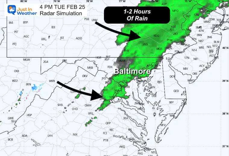 February 24 weather forecast rain radar Tuesday afternoon