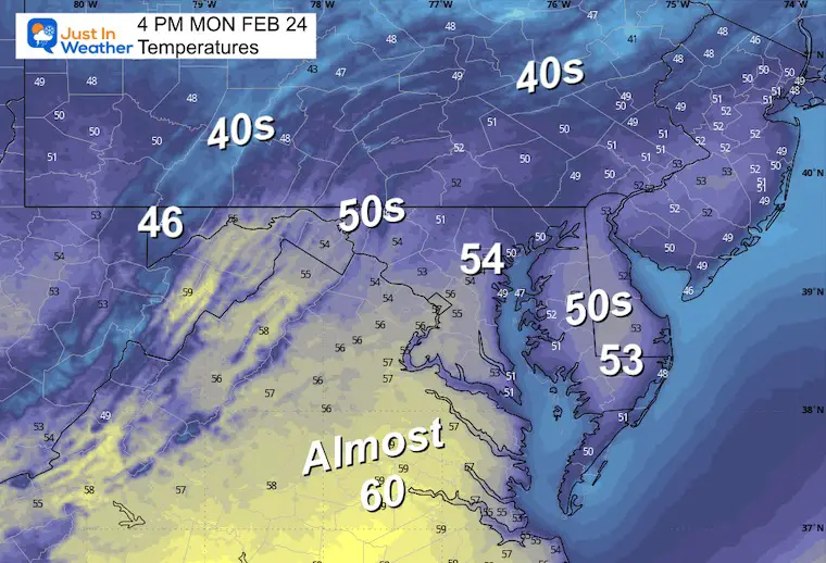 February 24 weather temperatures Monday afternoon