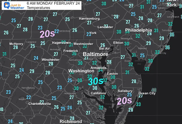 February 24 weather temperatures Monday morning