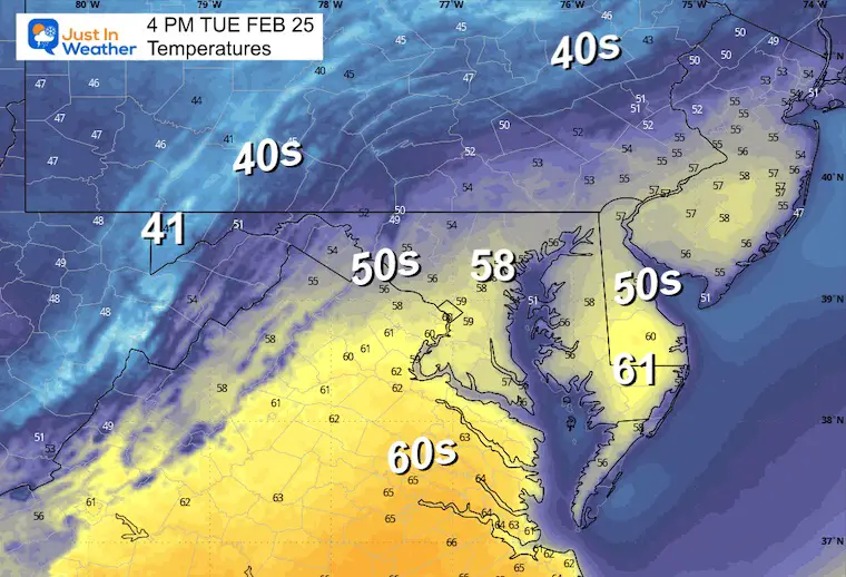 February 24 weather forecast temperatures Tuesday afternoon