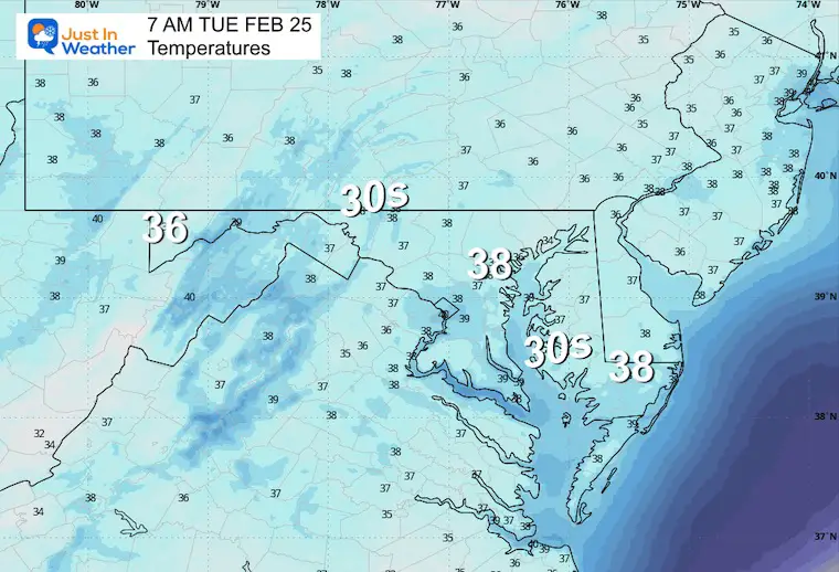 February 24 weather temperatures Tuesday Morning