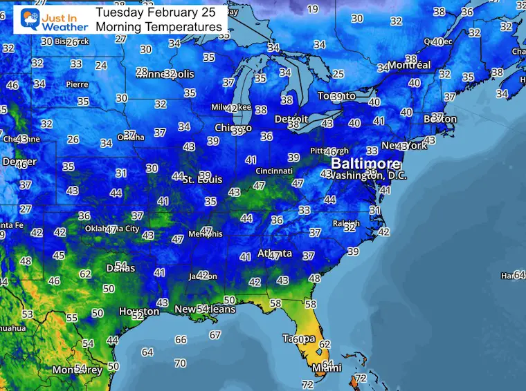 February 25 weather Eastern US Temperatures