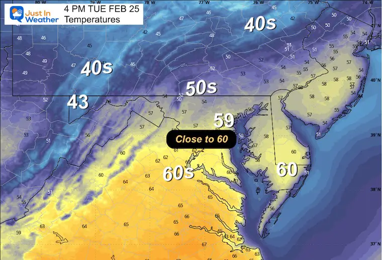 February 25 weather forecast temperatures Tuesday afternoon