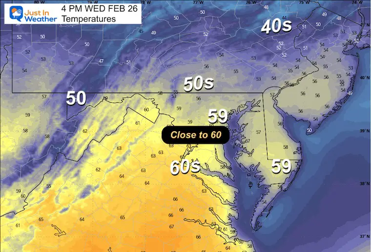 February 25 weather forecast temperatures Wednesday afternoon