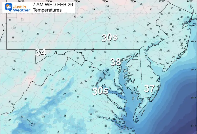 February 25 weather forecast temperatures Wednesday morning