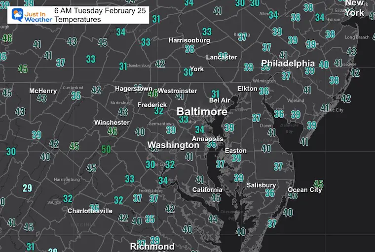 February 25 weather temperatures Tuesday morning