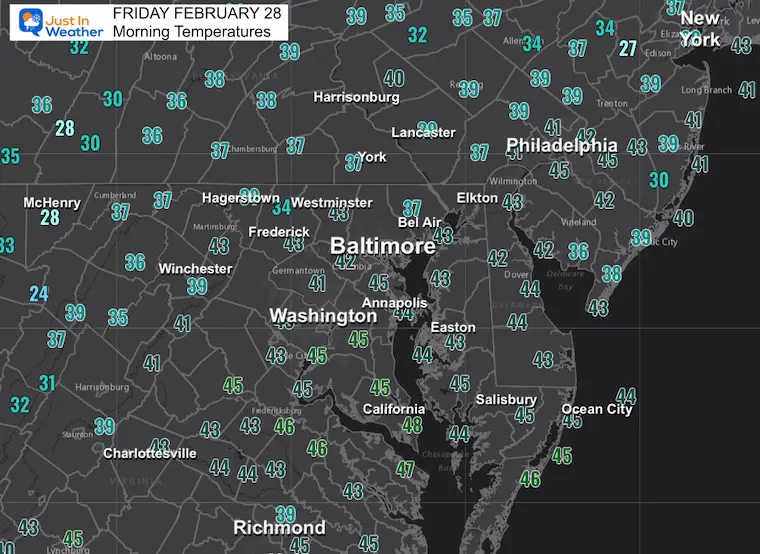 February 28 weather Temperatures Friday morning