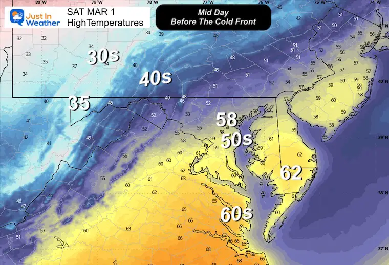 February 28 weather Temperatures Saturday afternoon