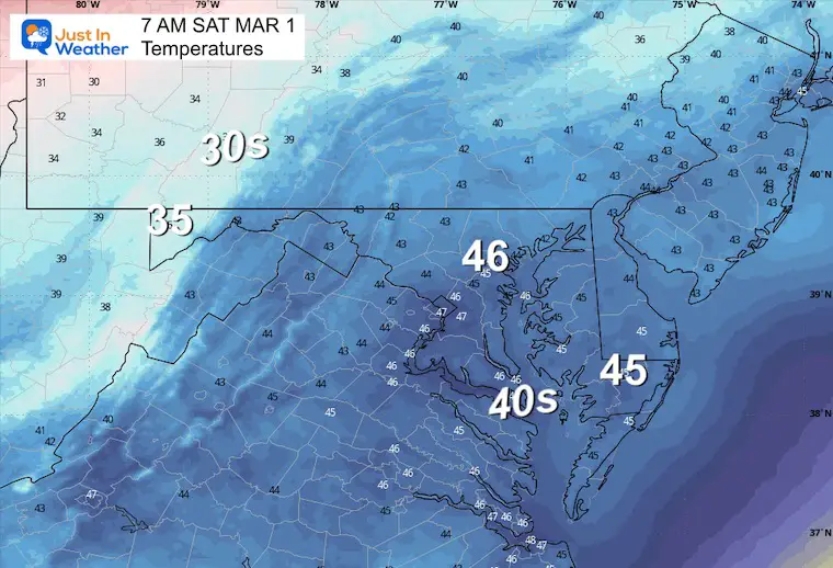 February 28 weather Temperatures Saturday morning