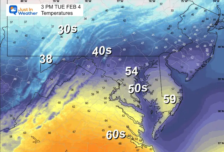 February 3 weather temperatures Tuesday afternoon