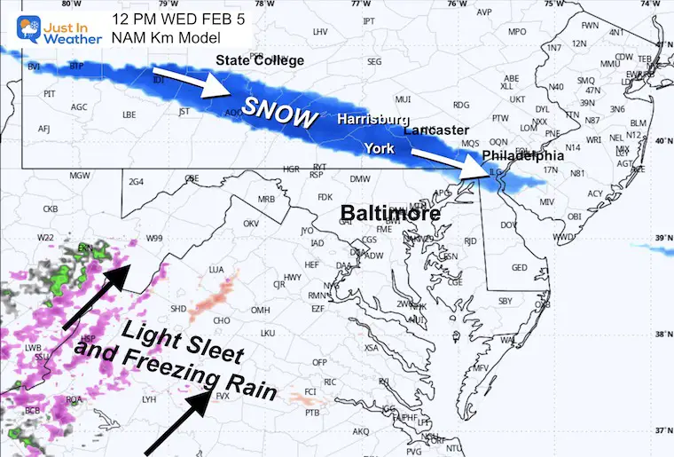 February 4 weather snow ice Wednesday noon