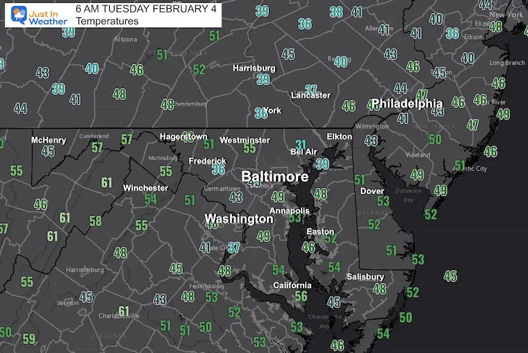 February 4 temperatures Tuesday morning