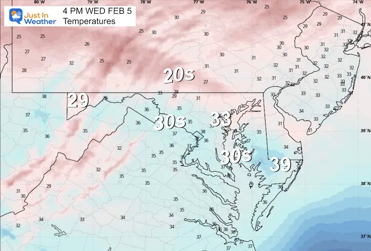 February 4 weather temperatures Wednesday afternoon