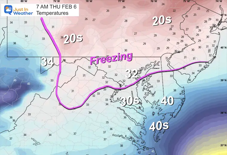 February 5 weather temperatures Thursday morning 7 AM