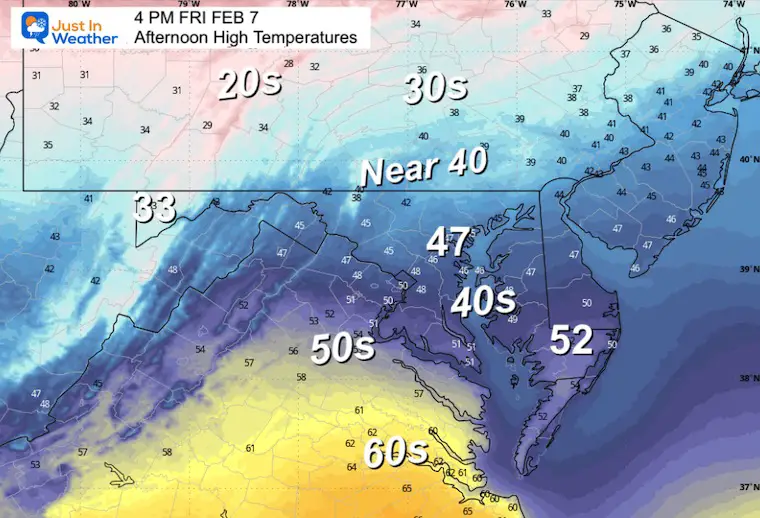 February 6 weather temperatures Friday afternoon