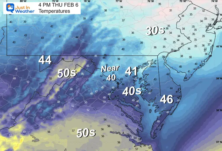 February 6 weather temperatures Thursday afternoon