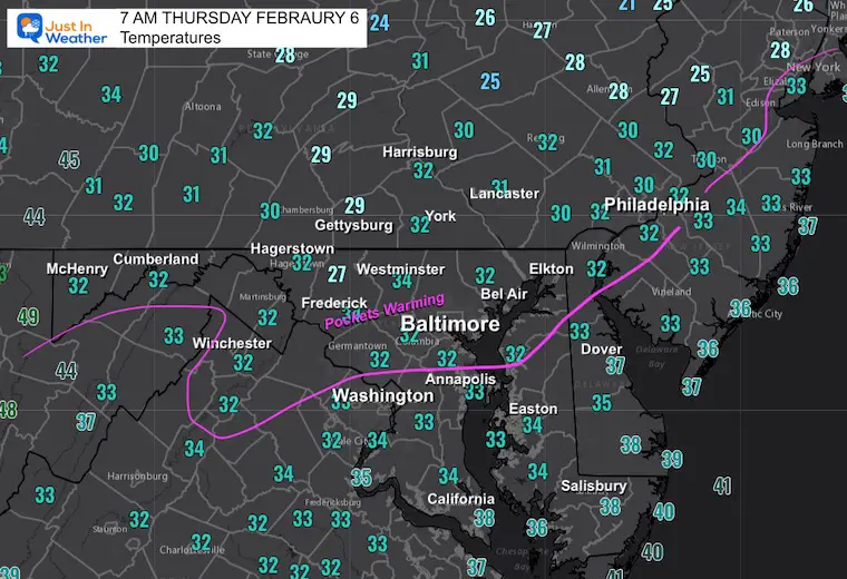 February 6 weather temperatures Thursday morning