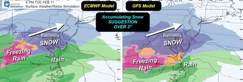 February 7 weather snow models Tuesday afternoon