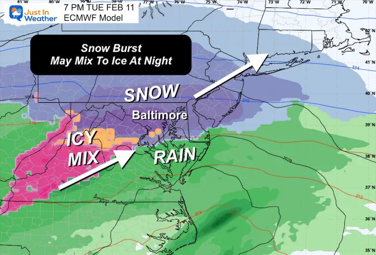 February 7 weather Tuesday night Snow ice