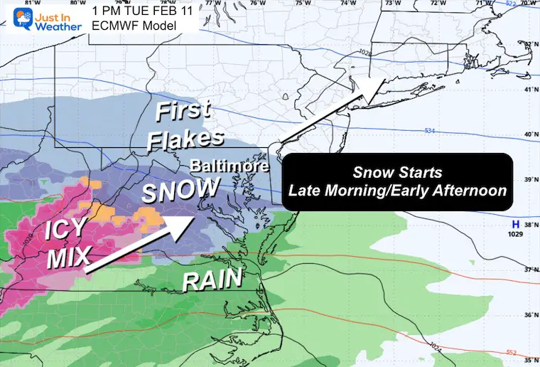 February 7 weather Tuesday afternoon Snow 