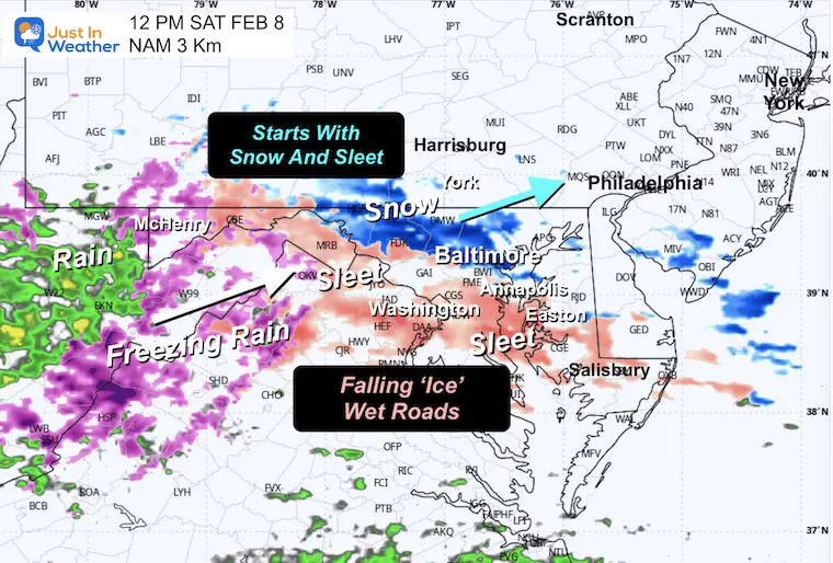 February 8 storm snow ice Saturday Noon