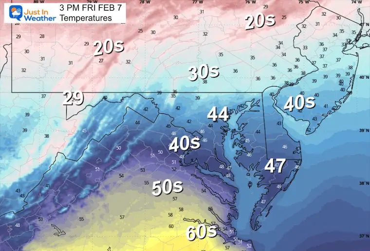 February 7 weather temperatures Friday afternoon