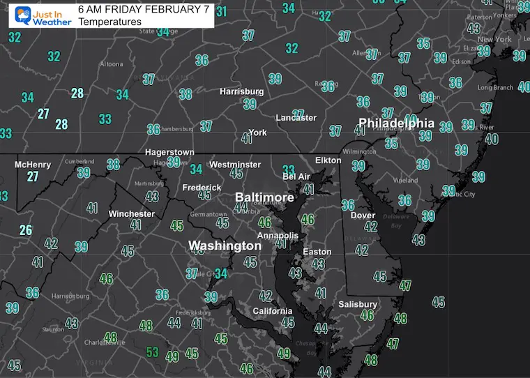 February 7 weather temperatures Friday morning